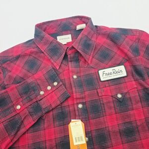 Stetson Men L Red Black Plaid Western Flannel Snap Shirt‎ Free Rein Coffee NWT